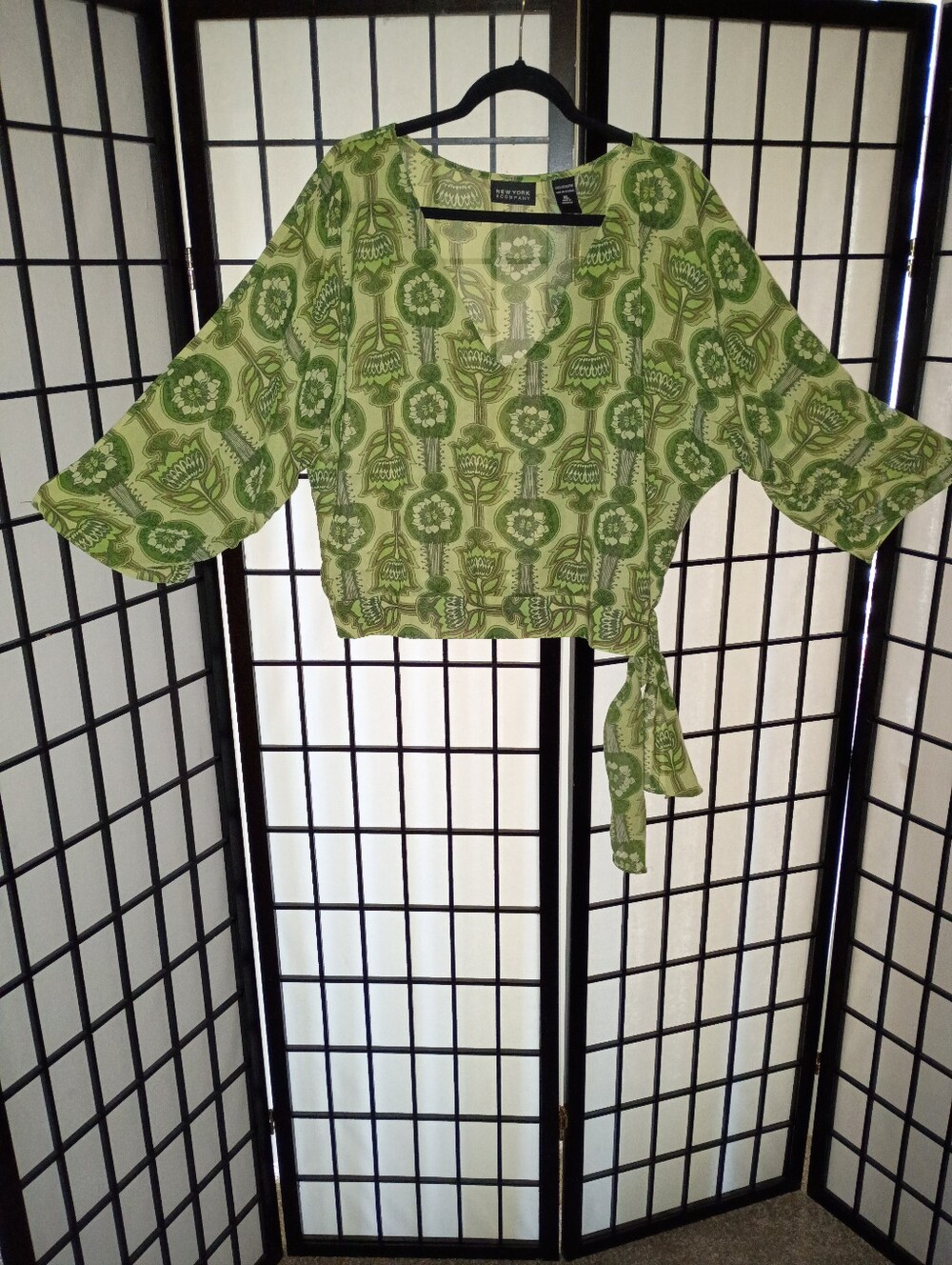 Green Floral V-Neck Tie-Waist Sheer Blouse